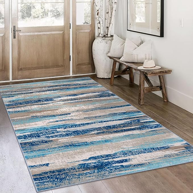 Lansny Modern Abstract 4x6 Living Room Washable Rug Non-Slip Soft Bedroom Area Rug Blue Thin Print Faux Wool Floor Carpet Throw Rugs for Nursery Playroom Dining Room Indoor Office Home Decor