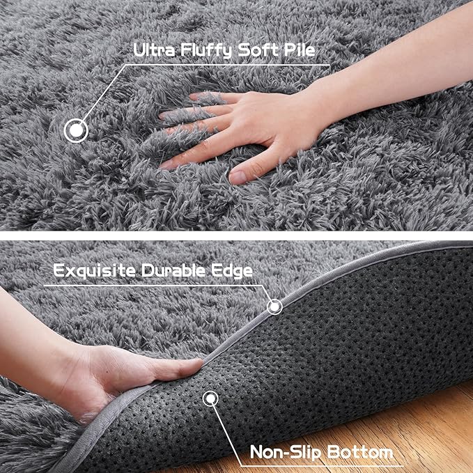 Pionblank Fluffy Oval Area Rug for Bedroom 3.3x6.2 Feet, Cute Plush Throw Rugs for Bedside, Ultra Soft Shag Carpet for Living Room Kids Room Nursery Teens Dorm Home Decor, Grey