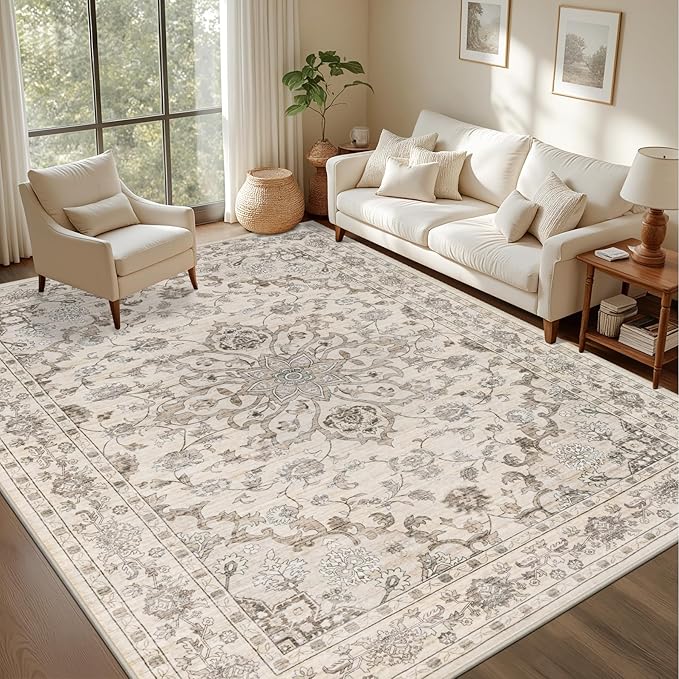 5x7 Area Rugs Living Room Rug: Washable Vintage Distressed Floral Rug No Slip Stain Resistant Soft Carpet Indoor Large Carpets for Bedroom Dining Room Farmhouse Nursery Hallway Home Office Brown Beige