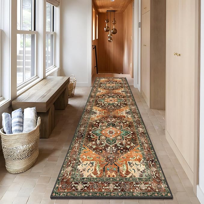 Yamaziot Washable Runner Rug, 3x10 Non-Slip Boho Vintage Hallway Rug with Rubber Backing, Low Pile Faux Wool Distressed Carpet Runner for Bedroom, Kitchen, Laundry, Entrance