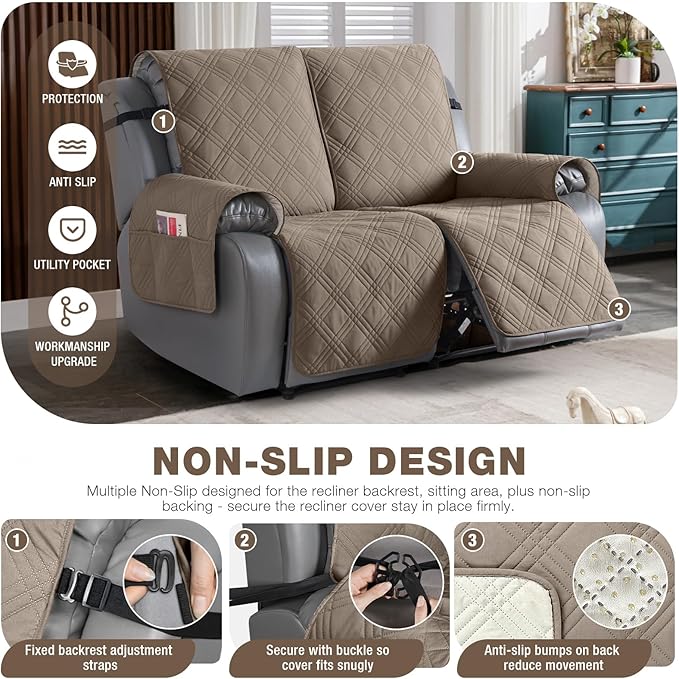 TAOCOCO 100% Waterproof Loveseat Recliner Covers 2 Seater, Split Loveseat Covers for Reclining loveseat, Non Slip Reclining Couch Cover with Double Straps for Kids, Pets(2 Seater, Gray Taupe)
