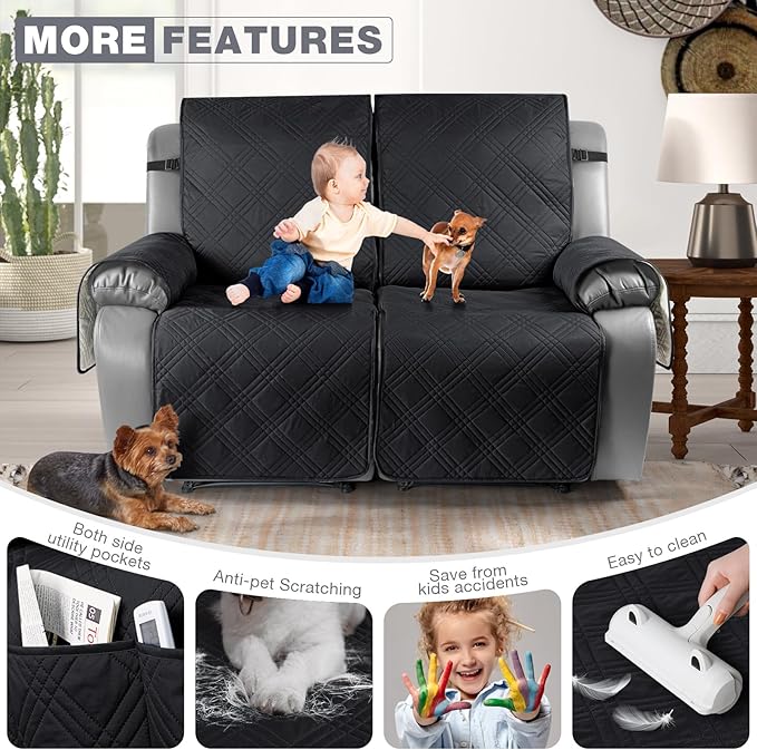 TAOCOCO 100% Waterproof Oversized Loveseat Recliner Cover, Non Slip Split Couch Covers for Reclining Loveseat with Elastic Straps for Kids Pets(Oversized 2 Seater, Black)