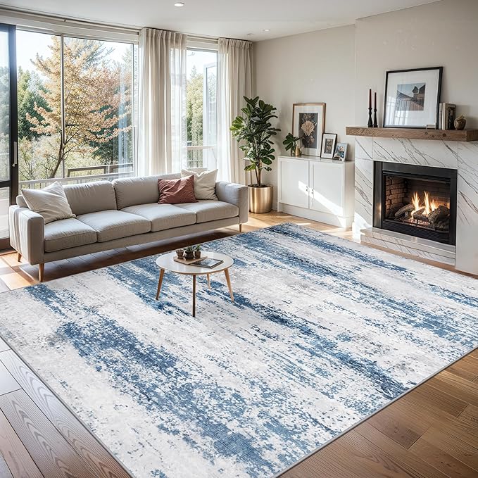 8x10 Area Rugs for Living Room - Washable Rug Modern Abstract Soft Large Neutral Non-Slip Carpet Indoor Floor Thin Carpets for Bedroom Dining Room Farmhouse Nursery Home Office White Blue Grey