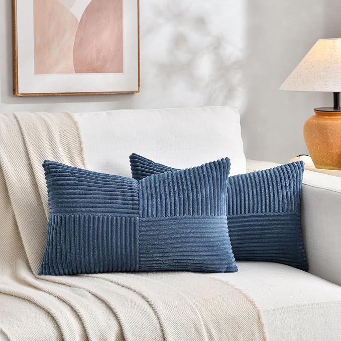 Fancy Homi 2 Packs Dusty Blue Lumbar Decorative Throw Pillow Covers 16x26 Inch for Living Room Couch Bed Sofa, Rustic Farmhouse Boho Home Decor, Soft Striped Corduroy Rectangle Accent Cushion Case