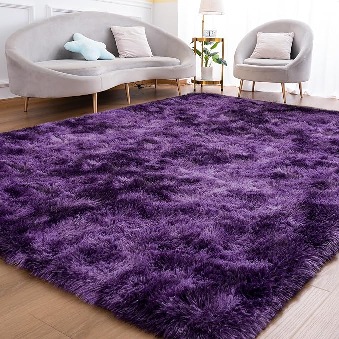 Goideal Fluffy Rug for Bedroom Living Room, 7x10 Purple Area Rugs, Faux Fur Shag Modern Carpet Ultra Soft Girls Boys Room Home Decor, Tie-Dyed