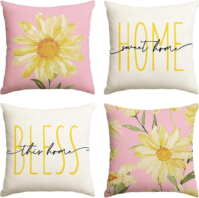 AVOIN colorlife Home Sweet Home Spring Summer Flowers Pink Throw Pillow Covers, 20 x 20 Inch White Cushion Case for Sofa Couch Set of 4