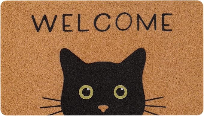 UINI Door Mat Cat Welcome Mat, Black Cat with Green Eyes Doormat, Non-Slip Cat Welcome Mats for Front Door, Outside Entrance, Resist Dirt, 17" x 30"