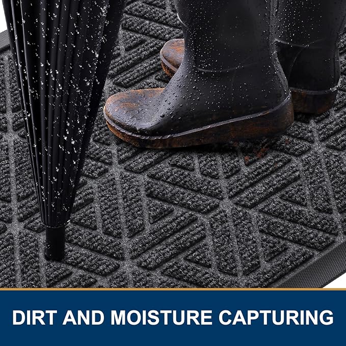 Smiry Front Door Mat Outside Entrance, Heavy Duty Sturdy Natural Rubber Doormat, Trap Dirt and Moisture, Easy Clean Low Profile Mats for Indoor Outdoor Entry, Grid Geometric (71x23, Grey)