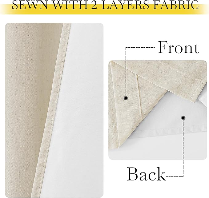 NICETOWN Thick Linen 100% Blackout Bedroom Curtains 108 inches Long, Bronze Grommet 2 Layers with White Liner Window Treatments Sound Reducing for Living Room, Natural, W52 x L108, 2 Panels
