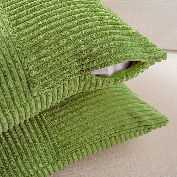 Fancy Homi Set of 2 Lime Green Lumbar Decorative Throw Pillow Covers 14x22 Inch for Living Room Bedroom Couch Bed Sofa, Soft Striped Corduroy Modern Rectangle Accent Cushion Case 35x55 cm