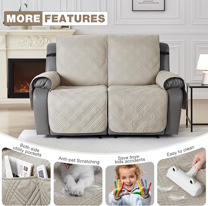 TAOCOCO 100% Waterproof Oversized Recliner Loveseat Cover, Non Slip Extra Wide Recliner Covers with Straps for Reclining Loveseat for Kids Pets, Spilt Cover(2 Seater Oversized, Cream)
