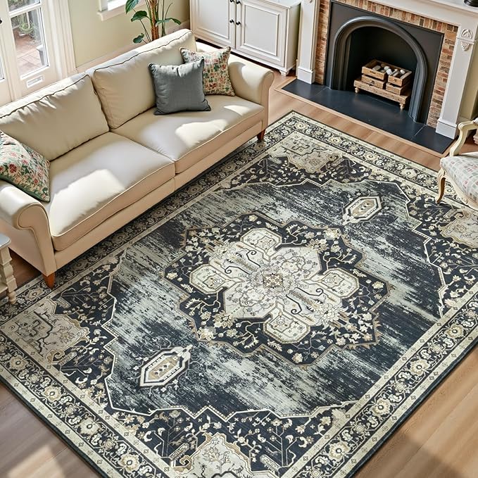 Lofus 8x10 Washable Area Rug, Vintage Floral Rugs for Living Room, Bedroom, Dinning Room, Low Pile Large Area Rugs with Non-Slip Backing, Flower Print Pattern, Black Brown