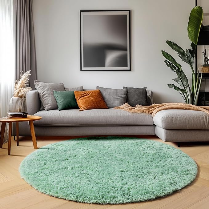 ONASAR Sage Green Round Area Rugs 5ft, Fluffy Soft Bedroom Circle Rug for Kids Girls Boys Teen Room, Cute Furry Plush Shaggy Carpet Floor Mat for Nursery Living Room Playroom Dorm Home Decor