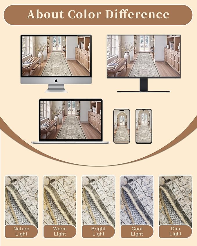 Madane Washable Runner Rug 2x6, Ultra-Thin Non-Slip Non-Shedding Hallway Runner, Stain Resistant Kitchen Mat Entryway Carpet Runner, Vintage Pet Friendly Low Pile Runners (2x6ft, Ivory/Brown)