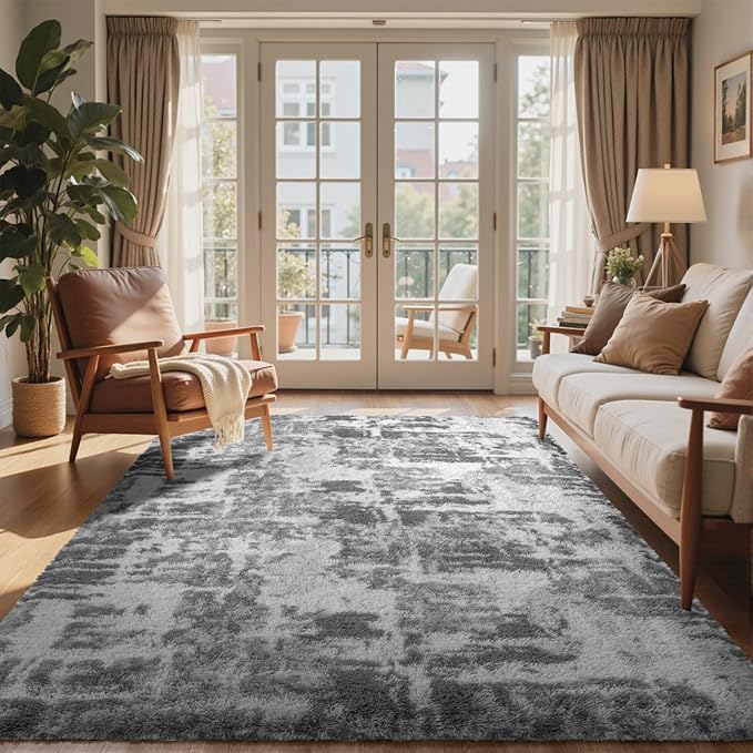 Shag Rugs for Bedroom Living Room, Tie-Dyed Ultra Soft Fluffy Furry Area Rugs for Indoor Floor, Aesthetic Carpet for Kids Home Decor,4x6 Ft Grey