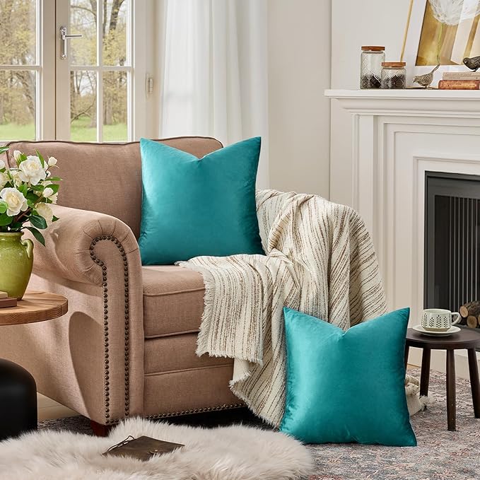 GIGIZAZA Decorative Throw Pillow Covers 16x16,Set of 2 Teal Square Couch Pillow Covers,Velvet Sofa Boho Cushion Pillows