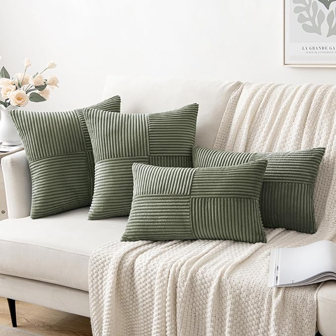MIULEE Light Olive Green Decorative Throw Pillow Covers 18x18 Inch for Couch Bed Sofa Pack of 2 Boho Farmhouse Throw Pillows Soft Cross Corduroy Patchwork Textured Cushion Cases