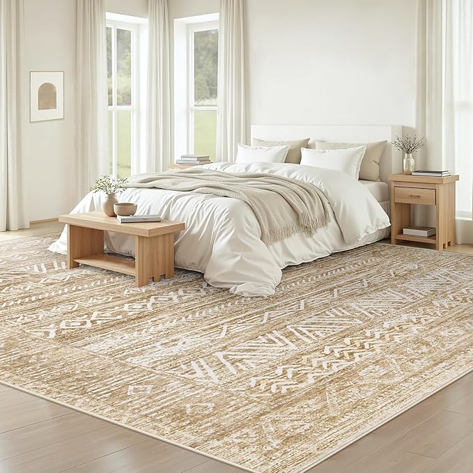 Living Room Rugs 8x10: Washable Moroccan Geometric Boho Rug Farmhouse Non Slip Stain Resistant Large Rug Low Pile Soft Carpet for Bedroom Dining Room Kids Room (Light Brown,8'x10')
