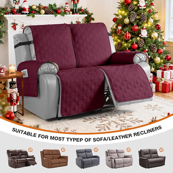 VANSOFY Waterproof Recliner Couch Covers, Sofa Covers 1-Piece Washable Reclining Sofa Cover Non-Slip Furniture Protector with Elastic Straps Pocket for Dogs, Pets(Burgundy,2 Seater)