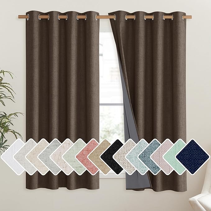 NICETOWN Coffee Vintage Linen 100% Blackout Curtains for Living Room, Thermal Insulated Curtains 45" Long, Noise Reducing Window Treatment Drapes for Hall Room, 52" Wide Per Panel, Set of 2