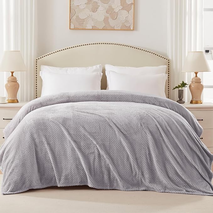 Exclusivo Mezcla Fleece Bed Blanket Twin Size, Super Soft and Warm Blankets for Couch, Sofa and Bed Waffle Textured, Cozy, Fuzzy and Lightweight (Light Grey, 60x80 inches)