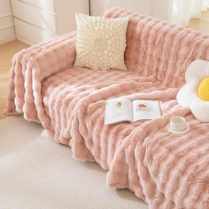 HANDONTIME Faux Fur Plush Sofa Covers for Couch Washable Rabbit Plush Couch Cover Cozy Faux Fur Sectional Covers for Dogs Fluffy Plush L Shaped Sofa Cover Pet Couch Protector, 71" X134", Pink
