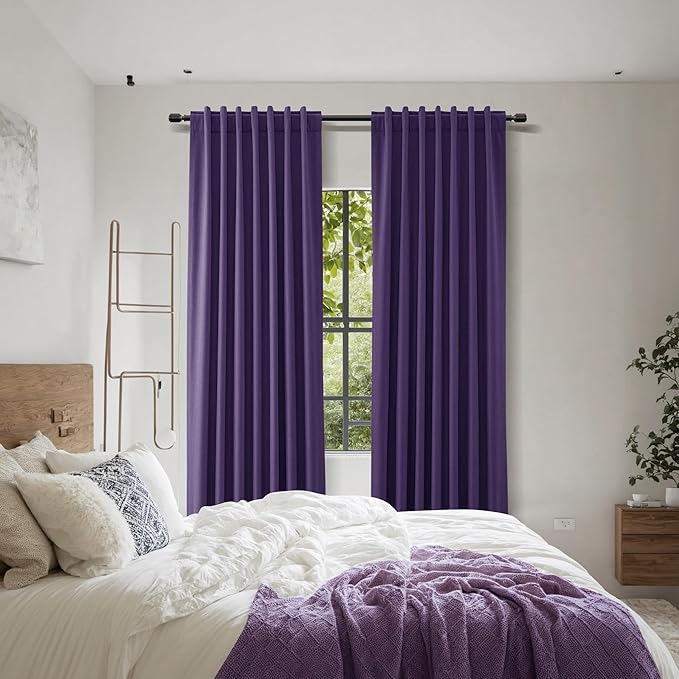 Guken 100% Blackout Curtains 84 Inch Length 2 Panels Set for Living Room Bedroom Back Tab Thermal Insulated Black Out Linen Drapes Room Darkening New Purple,52x84