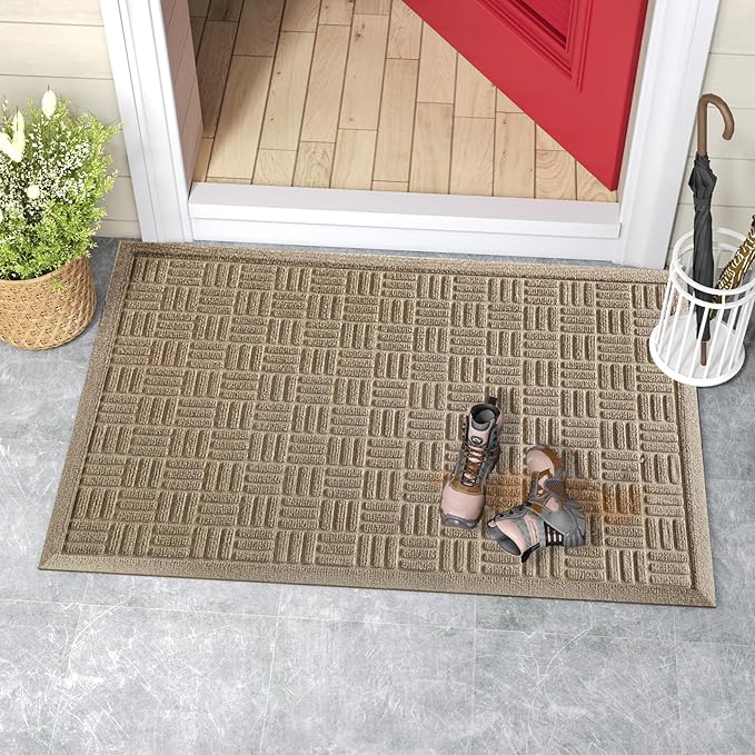 Mibao Front Door Mat Indoor Outdoor Entrance, Dirt Trapping Waterproof All-Season, All-Weather Doormat, Non-Slip Durable Natural Rubber Low Profile Easy Clean Patio Entrance Mat, 36" x 24", Beige
