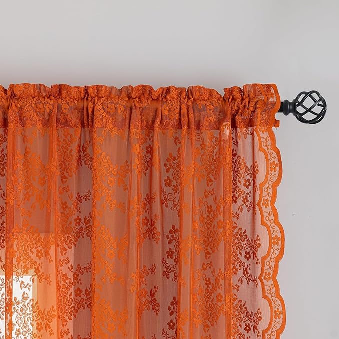YJ YANJUN Vintage Lace Curtains 72 Inches Long-Rustic Floral Pattern Burnt Orange Sheer Curtain Panels for Dining Room Bay Window Bedroom Privacy Boho Farmhouse Autumn Fall Decor 2 Panels 52W x 72L