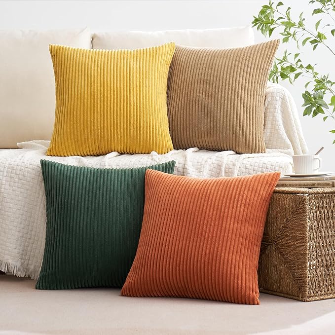 MIULEE Pack of 4 Green-Rust Corduroy Decorative Throw Pillow Covers 18x18 Inch Soft Boho Striped Pillow Covers Modern Farmhouse Home Decor for Winter Sofa Living Room Couch Bed