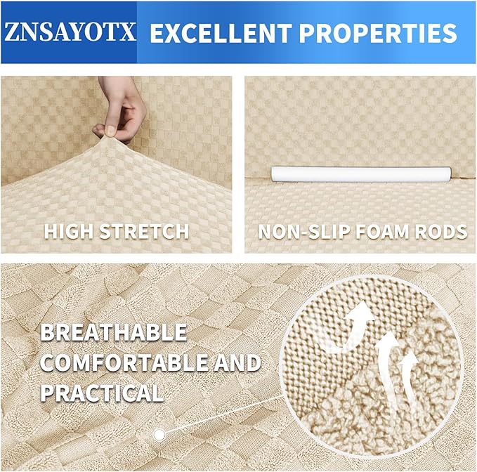 ZNSAYOTX 1 Piece Jacquard Couch Covers for 2 Cushion Couch High Stretch Loveseat Slipcover for Pets Dogs Anti Slip Love Seat Sofa Slipcover Furniture Protector (Loveseat, Light Beige)