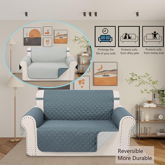 Reversible Loveseat Sofa Covers Couch Cover Furniture Protector(Loveseat,Dark Blue/Light Grey)