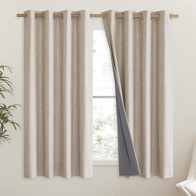 NICETOWN Oatmeal 100% Blackout Short Curtains 63 inches Lenghth Burg for Kitchen, 2 Panels, Burlap Linen Drapes with Thermal Insulated Grey Liner, Keeping Out Cold Air and Heat Panels