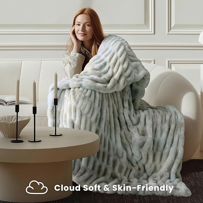 Ultra Soft Cozy Faux Fur Throw Blanket, Fuzzy Plush Thick Fur Blanket, Oversize Luxury Fluffy Blanket for Couch, Sofa, Bedroom, and Living Room,50x60 Inches,Double Sided Tie-Dye Light Grey