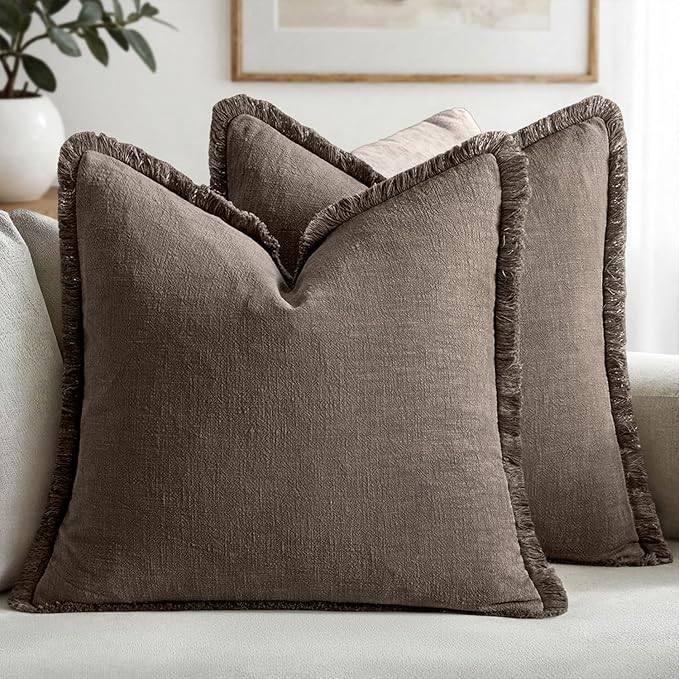 MIULEE Decorative Throw Pillow Covers Neutral Linen Fringe Throw Pillows Euro Shams Set of 2 Natural Coffee Boho Farmhouse Cushion Covers for Couch Sofa Bed Living Room Spring Home Decor 24x24 Inch