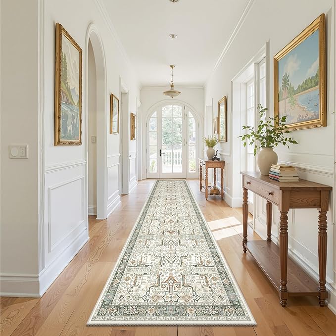 Hallway Washable Runner Rug 2x10 - Non Slip Vintage Kitchen Runner Rugs for Entryway Low-Pile Waterproof Long Runners for Living Room Bedroom Medallion Indoor Floor Mat for Bathroom Laundry Green