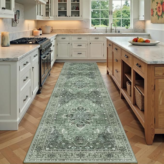 RELEANY Area Rugs 3'x7' Runner Rug Non Slip Washable for Kitchen Hallway Bedroom Beside Laundry Room Bathroom Rug, Floor Carpet, Dark Green Gray