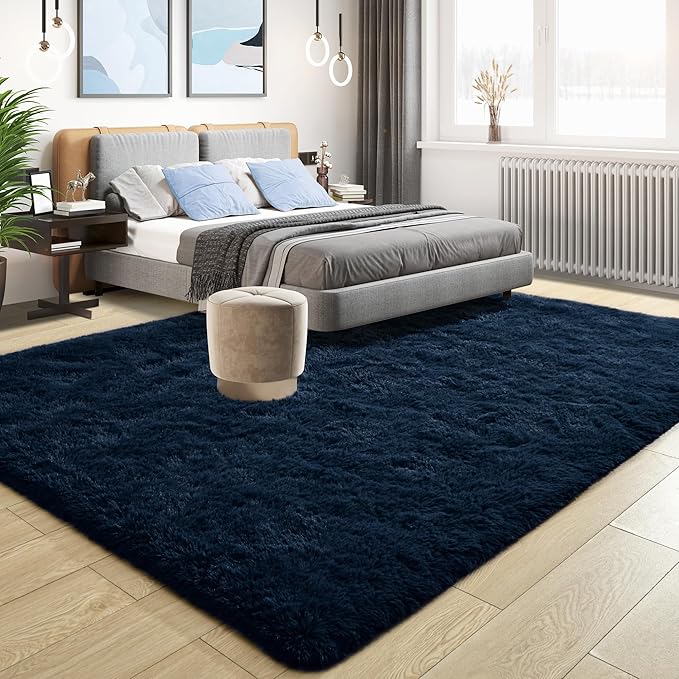 Tepook Fluffy Large Rugs for Living Room, Area Rug 6x9 Soft Carpet for Bedroom, Modern Shaggy Rug for Kids Boys Girls, Plush Indoor Nursery Home Decor Rug with Non-Slip Bottom, Navy Blue