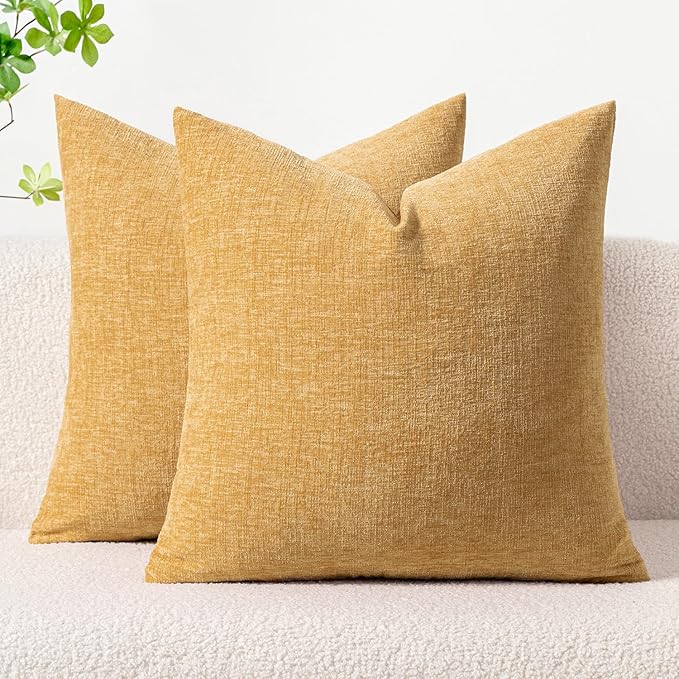 MIULEE Spring Home Decor Pack of 2 Couch Throw Pillow Covers 16x16 Inch Soft Beige Yellow Chenille Pillow Covers for Sofa Living Room Spring Home Decor Couch Solid Dyed Cases