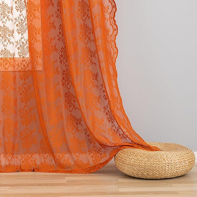 YJ YANJUN Vintage Lace Curtains 108 Inches Long- Burnt Orange Floral Sheer Curtain Panels for Living Room Dining Room Sliding Glass Door Boho Autumn Fall Decor 2 Panels 52W x 108L Light Brown Red
