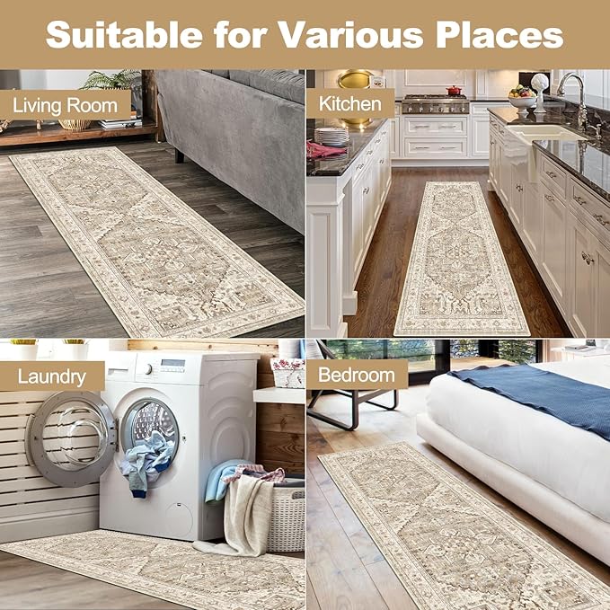 Yamaziot Washable Runner Rug, 2x6 Non-Slip Boho Vintage Hallway Rug Runner with Rubber Backing, Stain Resistant Faux Wool Distressed Carpet Runner for Kitchen, Laundry, Entrance, Beige Brown
