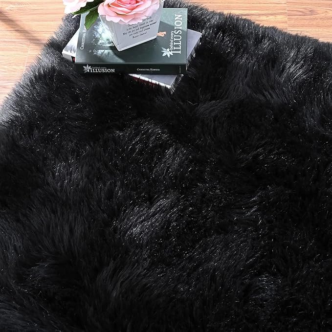 ORINOVA Washable Area Rugs 9x12 Living Room Large Black Faux Sheepskin Shaggy Fur Rug for Nursery Fluffy Rug for Bedroom Rectangle