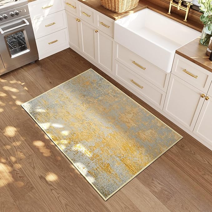 Entrance Rugs Indoor 2x3 Orange, Silver & Gray Entry Rug Washable Abstract Small Area Rug Non-Slip Low Pile Throw Rugs for Entryway, Kitchen Floor, Front Door Indoor Door Mat, Bedroom Bedside