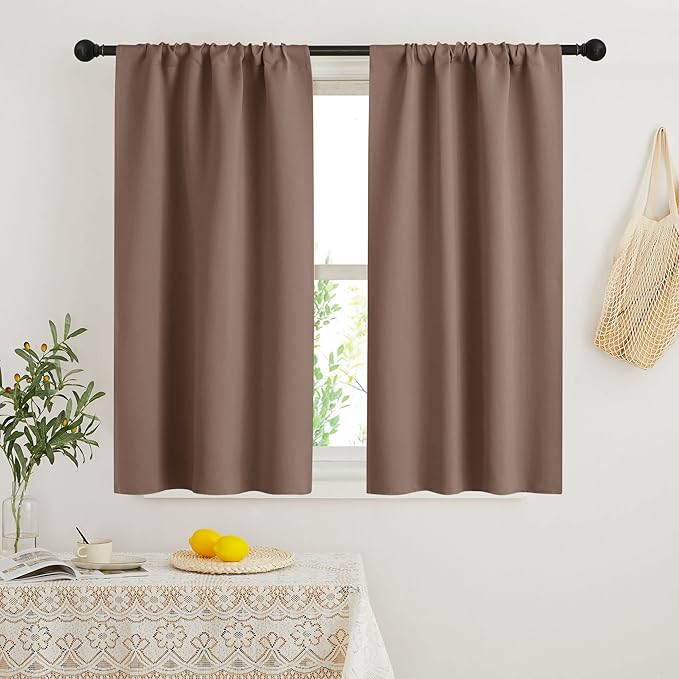 RYB HOME Blackout French Door Window Curtain Covering, Rod Pocket Thermal Insulated Privacy Non See Through Drapes for Bathroom Window, Width 29 by Length 45, Mocha, 2 Panels