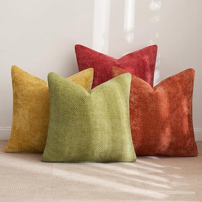 MIULEE Pack of 4 Burnt Orange Couch Throw Pillow Covers 18x18 Inch Yellow Green Soft Decorative Chenille Pillows Farmhouse Accent Cushions for Boho Home Decor Spring Sofa Bedroom Living Room