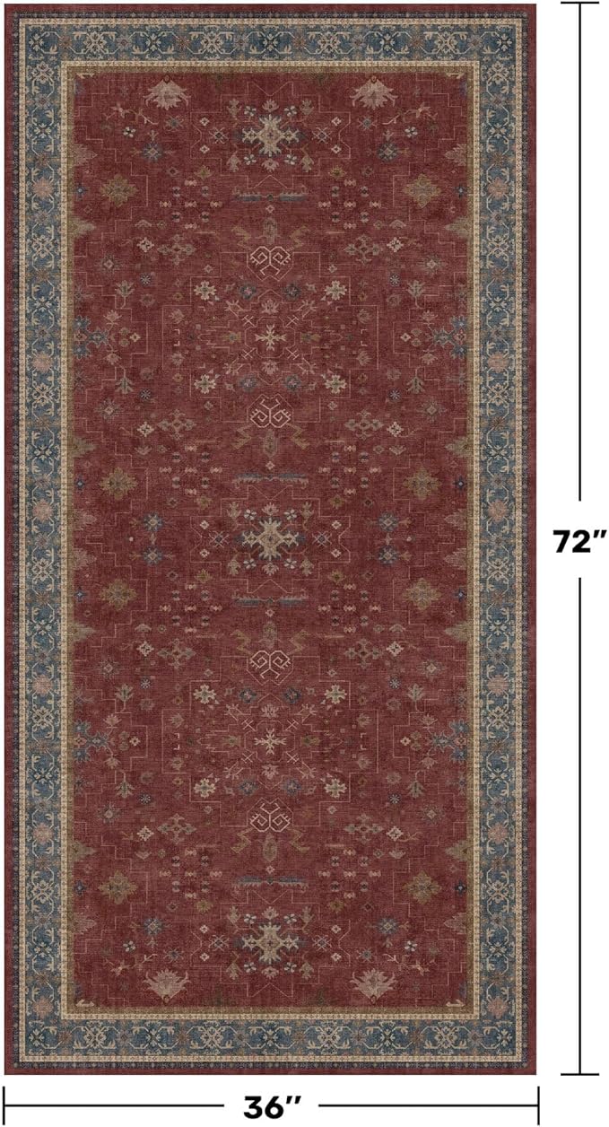 Washable 3x6 Entry Way Rugs Indoor - Burgundy Large Kitchen Rug, Non Slip Unique Bohemian Red Low Pile Thin Carpet for Bedroom Bedside, Foyer