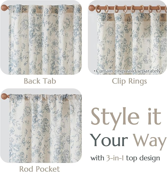 jinchan Linen Floral Curtains 100 Inch Extra Wide for Patio Sliding Glass Door Room Divider Curtain for Living Room 108 Inch Length Farmhouse Peony Blue Printed Curtain Set 1 Panel