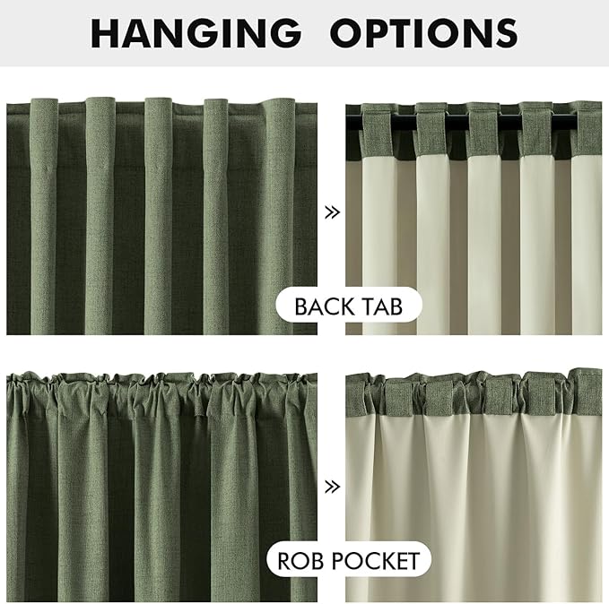 MIULEE 100% Blackout Linen Curtains for Bedroom, Olive Green Solid Luxury Decor Thermal Insulation Room Darkening Drapes for Living Room Nursery Back Tab Rod Pocket 42 x 84 Inches, 2 Panels