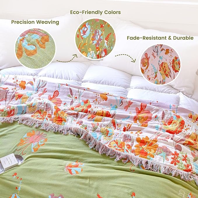 MSGKV Boho Throw Blanket 90"x108" Floral 100% Cotton Blanket with Flower and Butterfly for Bed Spring Breathable Lightweight Farmhouse King Blankets Home Decor Muslin