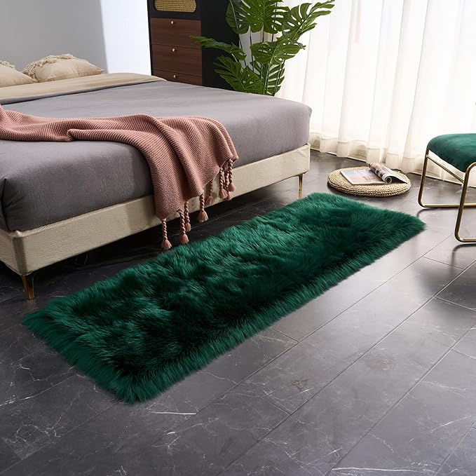 EasyJoy Ultra Soft Fluffy Rugs Faux Fur Rug Chair Cover Seat Pad Fuzzy Area Rug (2x6 ft Rectangle, Dark Green)